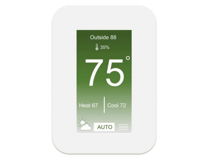 A sleek smart thermostat featuring a digital display showing temperature and humidity.