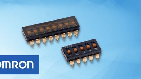 Interruptores electrónicos de OMRON, incluyendo de múltiples posiciones y de una sola posición, con contactos de oro y posiciones numeradas.