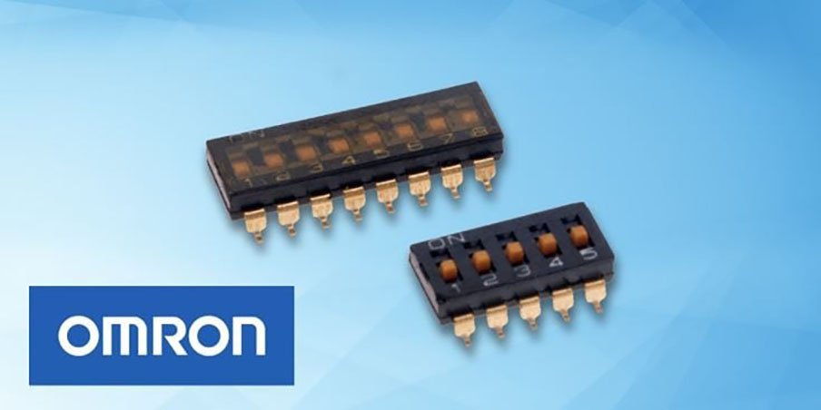 Interruptores electrónicos OMRON, incluidos los de múltiples posiciones y de una sola posición, con contactos dorados y posiciones numeradas.