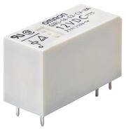 A compact Omron relay featuring a white rectangular casing with visible pins for electrical connections. The overlay text clearly indicates a 12V DC rating along with other technical symbols. Ideal for electronic and industrial applications requiring precise voltage control.