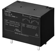 A black Omron relay featuring detailed technical specifications printed on its surface. The component includes visible diagrams and numeric values such as '25A' and '600VDC'. Designed for industrial or electronic applications, the relay is compact and has metallic pins for connectivity.