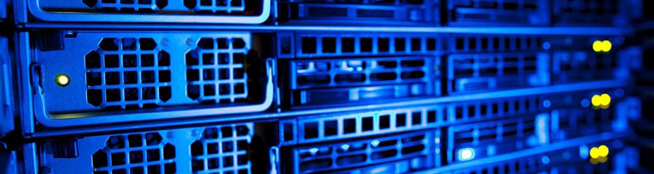 A detailed view of server racks in a data center, showcasing blue LED lighting and intricate hardware components.