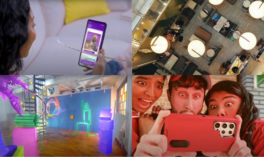 A person interacts with a mobile app featuring a vibrant interface in a cozy indoor setting