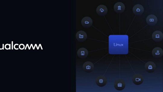 A visual representation of Qualcomm's integration with Linux, showcasing interconnected icons symbolizing various functionalities and applications