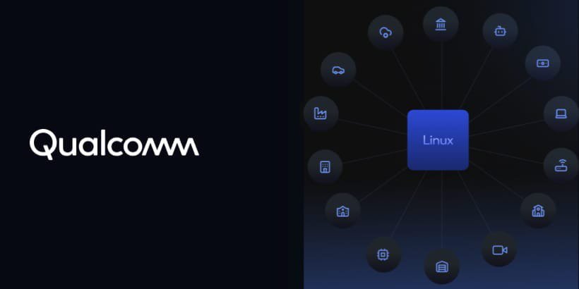 Una representación visual de la integración de Qualcomm con Linux, que muestra iconos interconectados simbolizando diversas funcionalidades y aplicaciones.