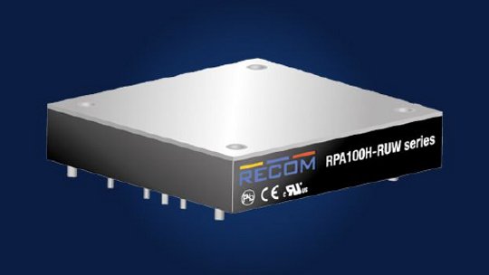 A compact RECOM RPA100H-RUW series power module displayed against a dark blue gradient background