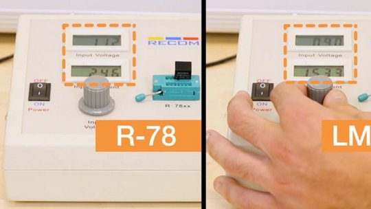 Two voltage converters, R-78 and LM78, are displayed on a testing device with visible input voltage readings