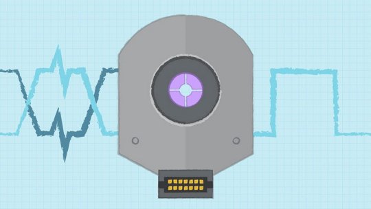 未来的なロボットデバイスのイラスト。中央に紫色のレンズと接続ポートを備えています。