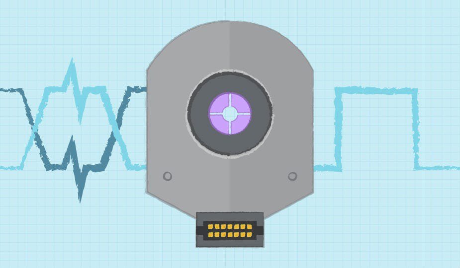 未来的なロボット装置のイラスト。中央に紫色のレンズとコネクタポートを特徴としています。