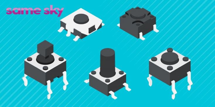 Illustration of five tactile switches with different designs and actuator types