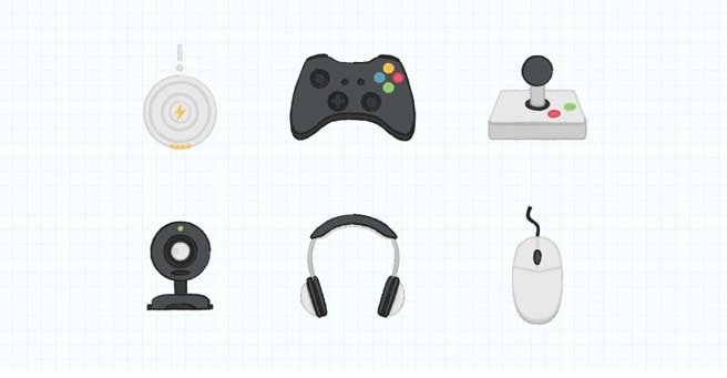 A collection of six gaming accessories illustrated on a light grid background. Items include a charging dock, game controller, joystick, webcam, headphones, and a computer mouse. The design features simple, flat visuals with minimal details and a clean layout.
