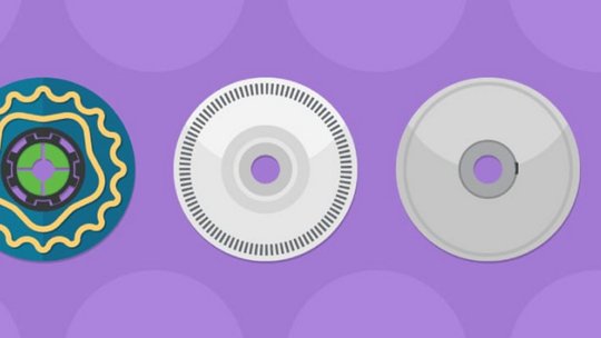 紫色の背景に並んで配置された、3つの独特な円形デザインを特徴としたグラフィック