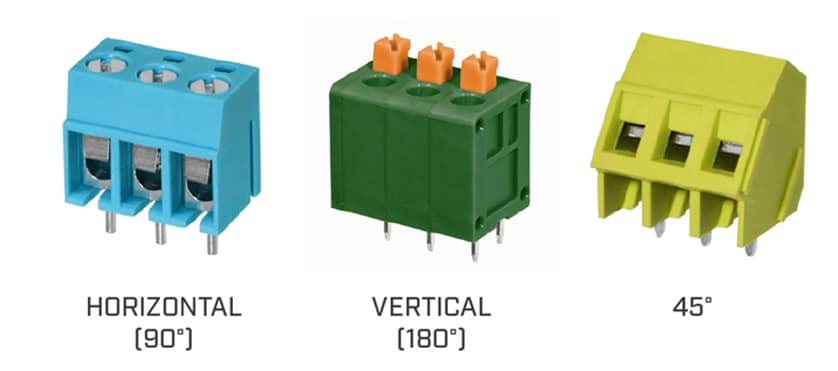 Three electrical terminal blocks are displayed in distinct orientations