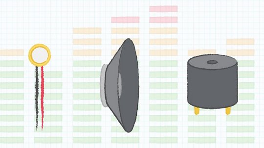 グラフのような背景に表示された3つのオーディオコンポーネントのイラスト