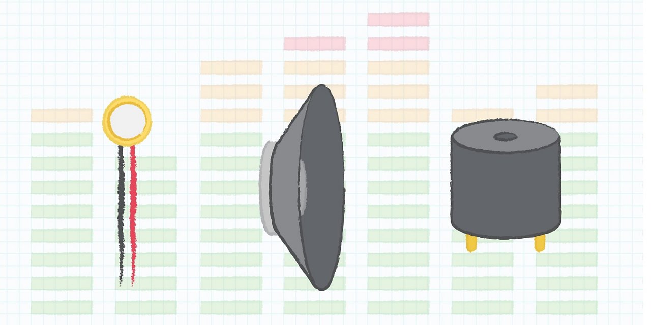 Illustration of three audio components displayed against a graph-like background