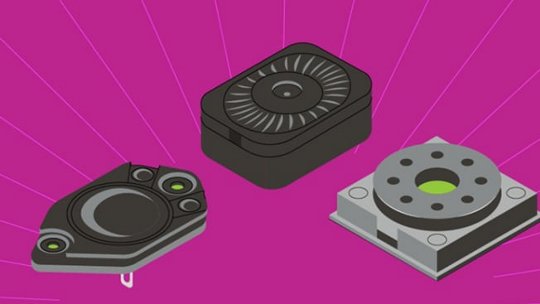 マゼンタの背景に3つの異なる電子部品を際立たせた鮮やかなイラストレーション。