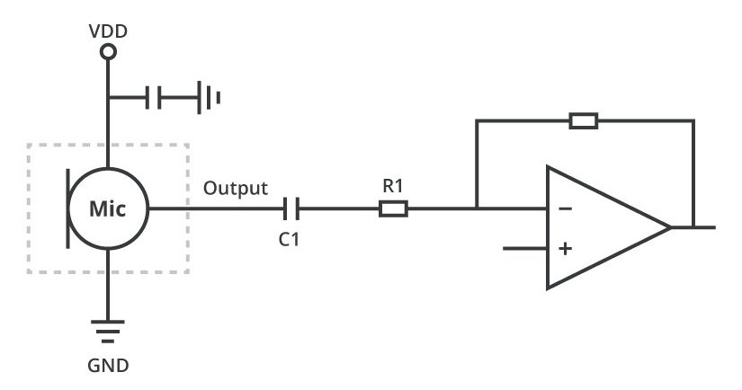 A technical schematic of a microphone circuit connected to an operational amplifier. 