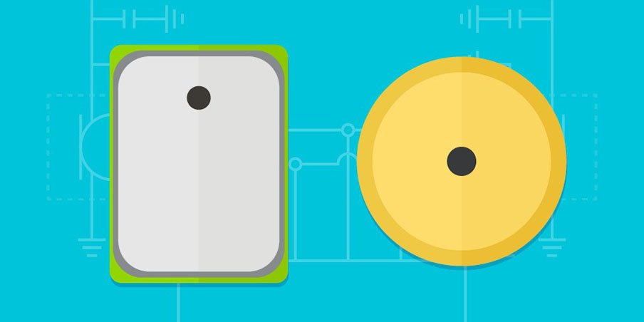 A digital illustration featuring a rectangular shape with rounded edges and a circular shape, both with central dots.