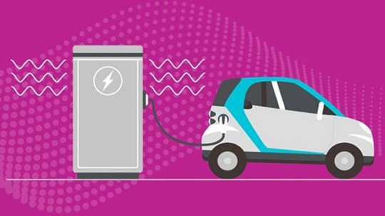 插入充电站的电动汽车，以图形设计呈现。