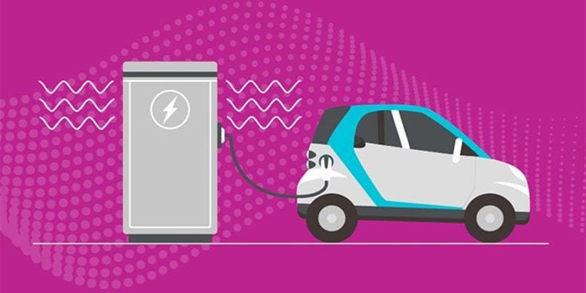 Electric car plugged into a charging station, depicted with a graphic design.