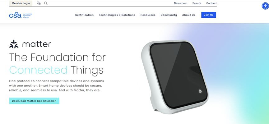 A compact Matter smart home device is displayed against a gradient background