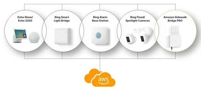 A lineup of smart home devices including Echo Show/Echo 2020, Ring Smart Light Bridge, Ring Alarm Base Station, Ring Flood/Spotlight Cameras, and Amazon Sidewalk Bridge PRO