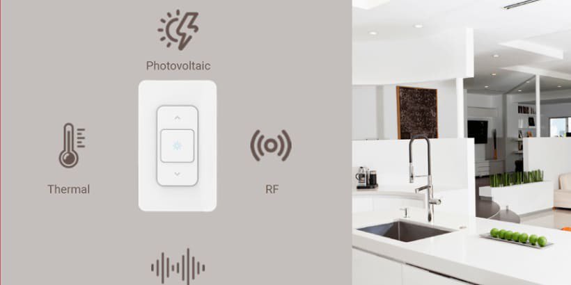 A sleek smart light switch is displayed alongside icons representing its features, including photovoltaic, thermal, RF, and sound capabilities