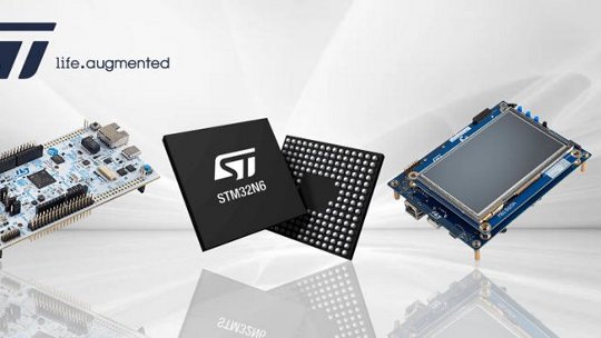 A collection of STMicroelectronics products featuring the STM32 microcontroller chip, a development board, and a display module.