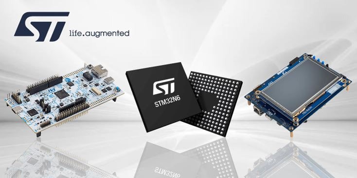 A collection of STMicroelectronics products featuring the STM32 microcontroller chip, a development board, and a display module.
