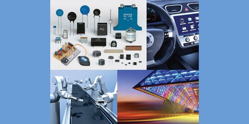 コンデンサや回路基板を含むさまざまな電子部品と、デジタルインターフェースを備えた自動車のダッシュボードを並べたコラージュ