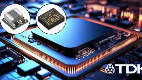 Close-up di un microchip circondato da circuiti luminosi, che mette in mostra i componenti elettronici TDK.