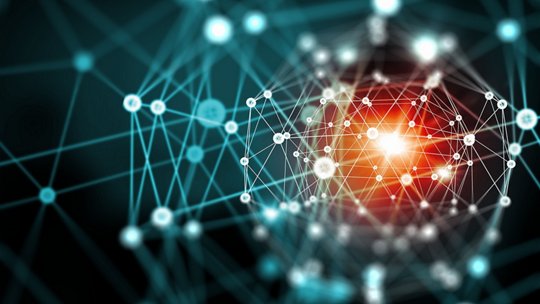 Abstract network of interconnected points and lines, creating a complex, 3D web pattern.