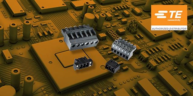 A close-up view of TE Connectivity terminal blocks displayed on a golden circuit board. 