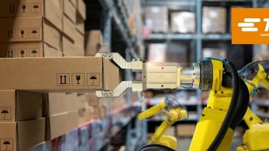 Un braccio robotico viene visto sollevare una scatola di cartone in un contesto di magazzino, mostrando l'automazione nella logistica.