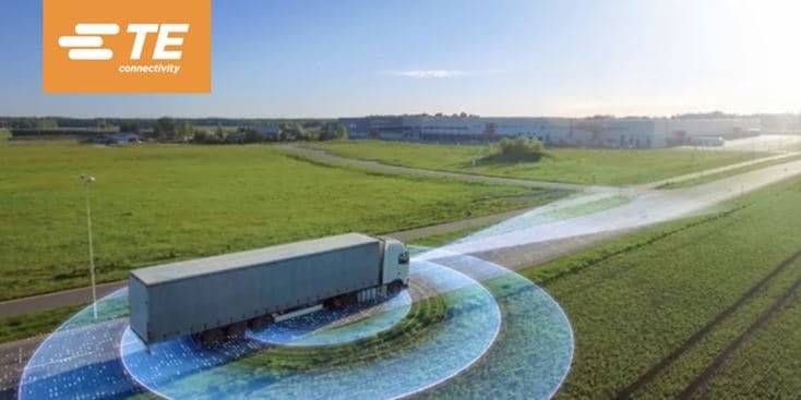 Truck on rural road with digital overlay showing sensor technology