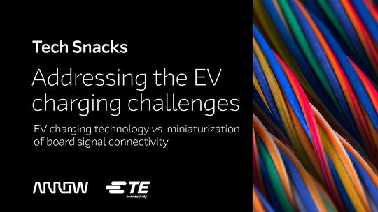 This image highlights a presentation titled 'Tech Snacks' focusing on EV charging technology and miniaturization of board signal connectivity. The visuals feature vibrant, multicolored wires, symbolizing electrical connections.