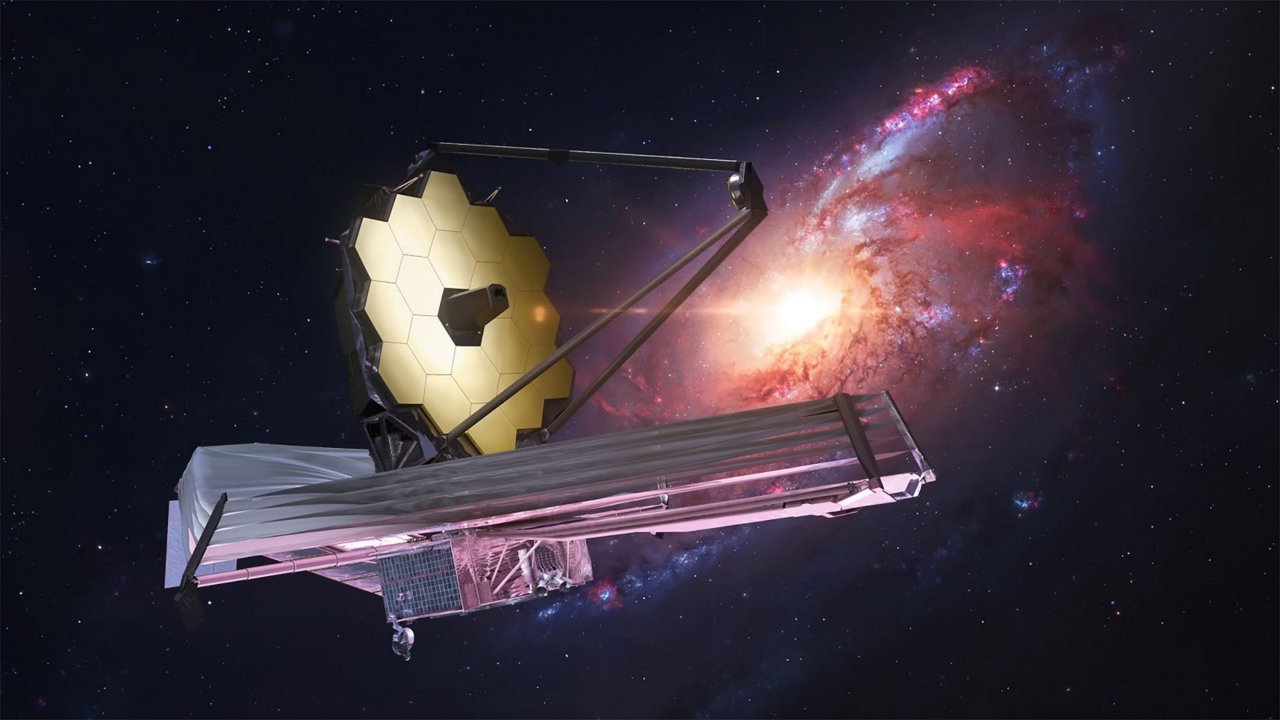 The James Webb Space Telescope is depicted floating in deep space against a vivid cosmic backdrop. 