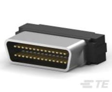 A close-up view of a rectangular electrical connector featuring multiple gold-plated pins within a metallic housing