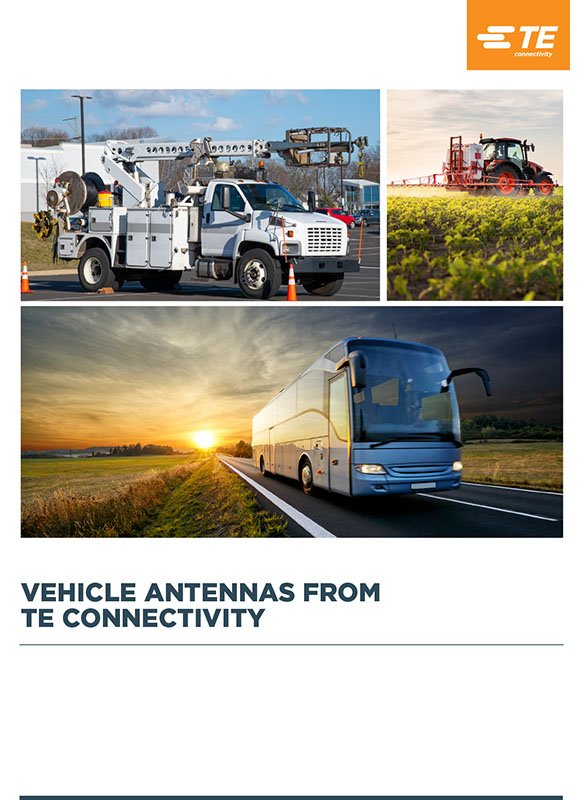 A promotional image showcasing vehicle antennas from TE Connectivity. The collage features a utility truck, a tractor in an agricultural field, and a bus on a highway at sunset. An image of the PDF Cover.