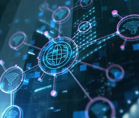 A futuristic digital network is depicted with interconnected nodes and glowing lines.