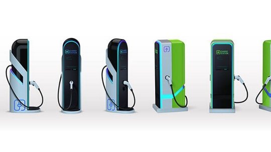 A lineup of six electric vehicle charging stations showcasing sleek and contemporary designs. 