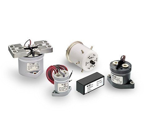 A collection of TE Connectivity electronic components, including sensors and modules, displayed on a white background