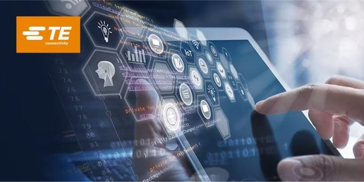 A close-up of a hand interacting with a transparent touchscreen interface displaying futuristic icons and data visuals. The setting suggests a high-tech environment with a focus on innovation and connectivity. The TE Connectivity logo is prominently visible in the top-left corner, emphasizing the brand's presence in advanced technology solutions.