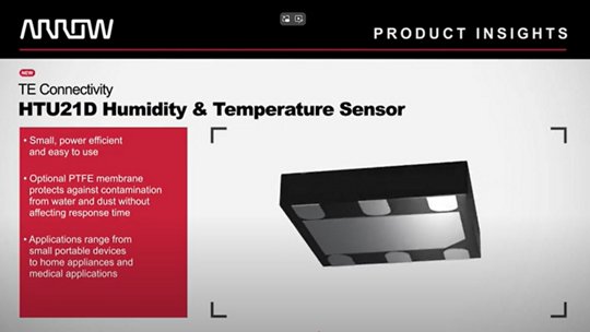 Modello 3D del sensore di umidità e temperatura HTU21D, che evidenzia le sue dimensioni ridotte, l'efficienza energetica e la membrana protettiva opzionale in PTFE.