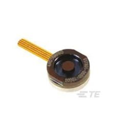 A compact circular electronic sensor featuring a metallic and plastic design. The sensor includes a visible TE logo and intricate wiring extending from its base.