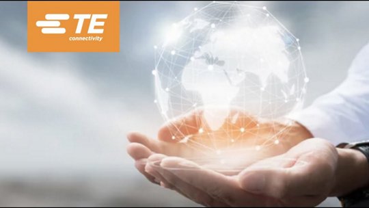A pair of hands gently cradles a glowing digital globe, symbolizing global connectivity and innovation. The image features a network of interconnected nodes and lines, representing technology and communication. The TE Connectivity logo is prominently displayed in the upper left corner, emphasizing the brand's focus on connectivity solutions.