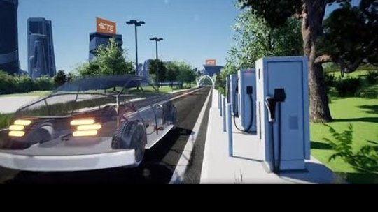 A sleek, futuristic electric car is parked at a modern charging station in a green urban environment.