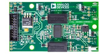 Nahaufnahme der Analog Devices ADuM4146-Evaluierungsplatine mit detaillierten elektronischen Komponenten und Schaltungen