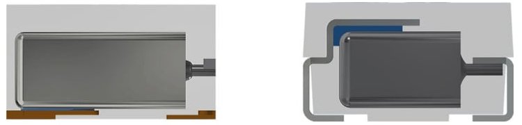 Two images showcasing a metallic component in cross-sectional views