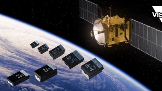 A satellite equipped with solar panels is shown orbiting Earth, accompanied by a display of Vishay electronic components